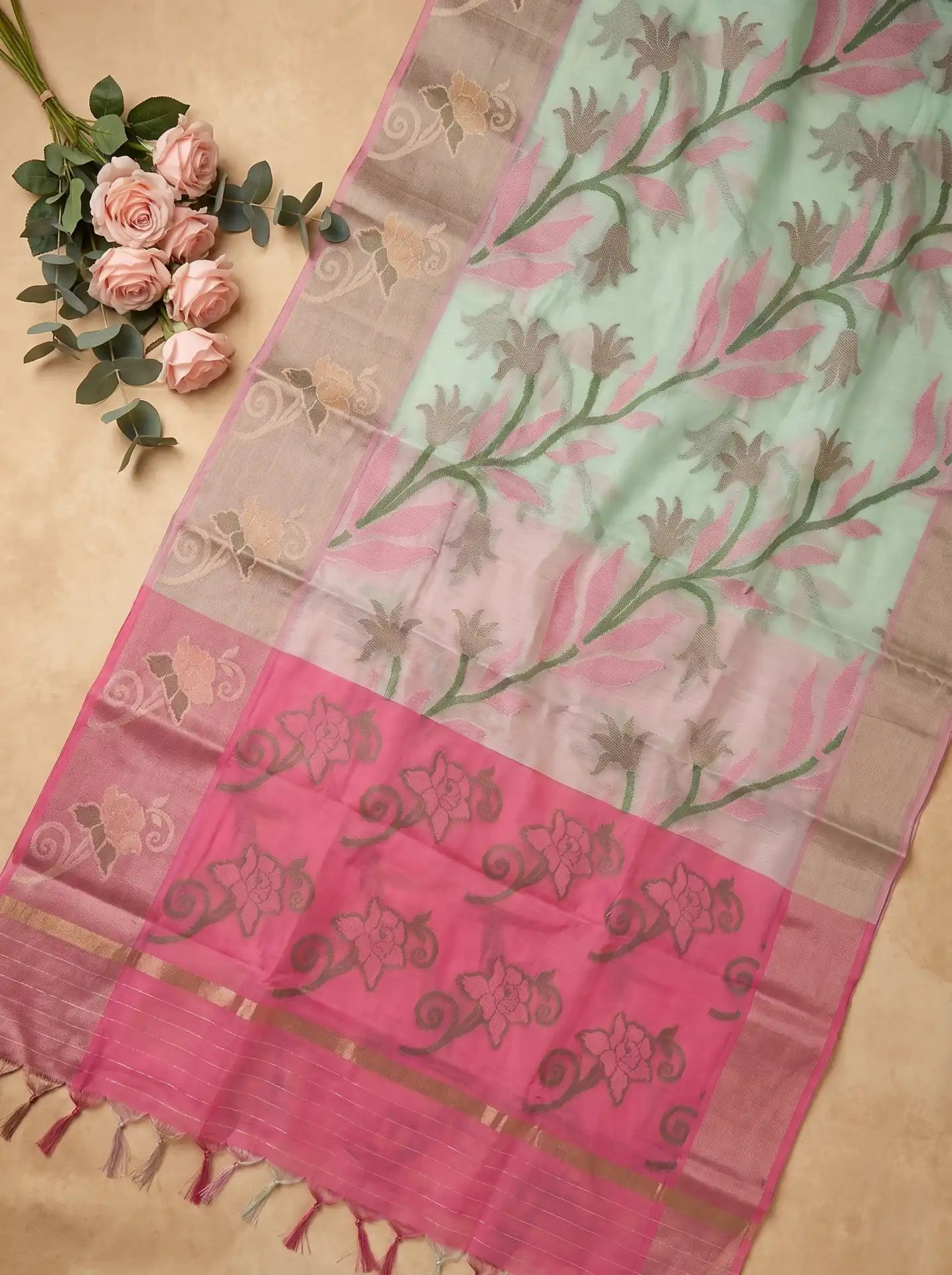 White Pastel Pink Chanderi Cotton Floral Saree with Contrast Pink Blouse