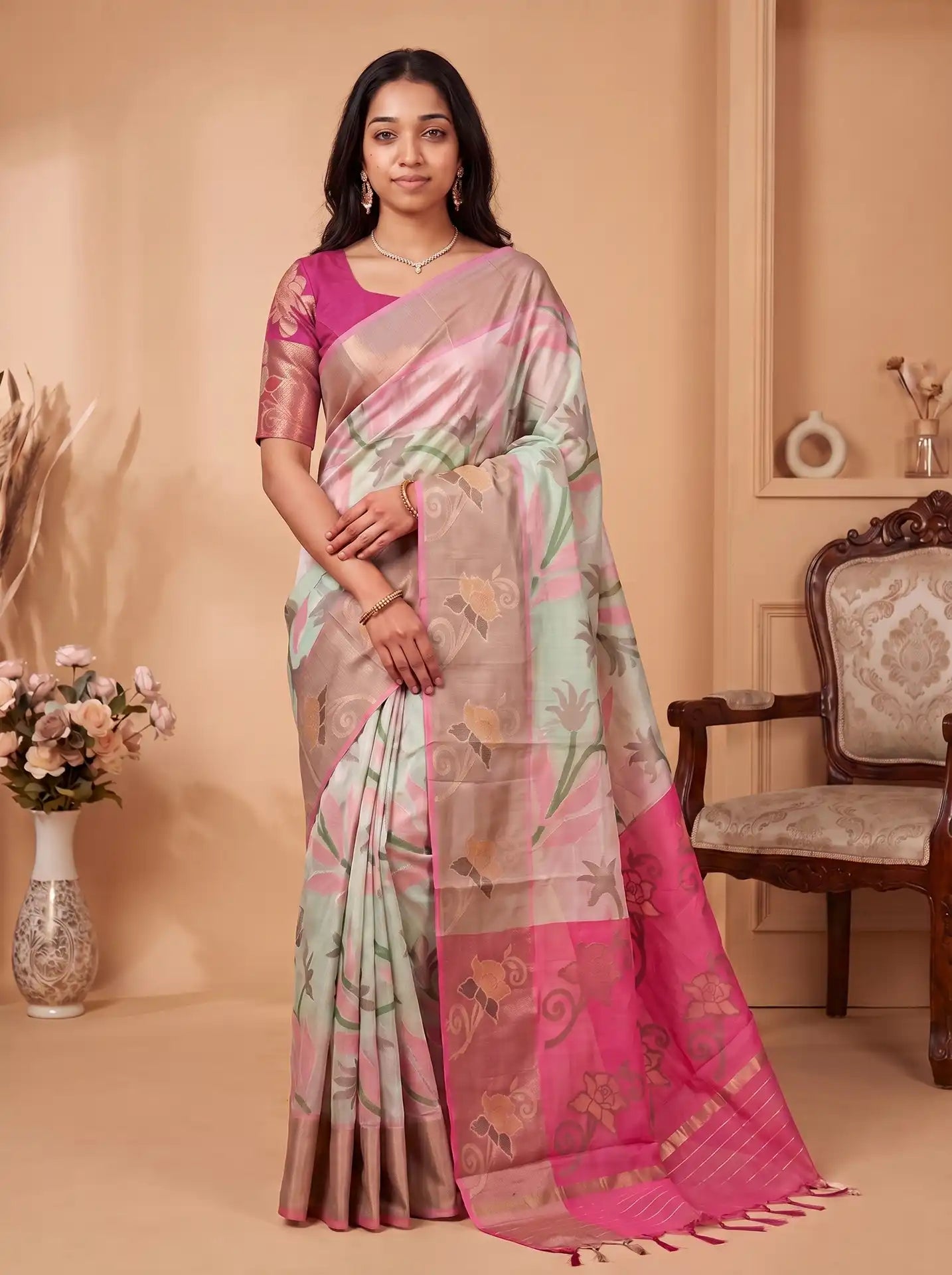 White Pastel Pink Chanderi Cotton Floral Saree with Contrast Pink Blouse