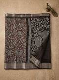 Coffee Brown Dola Silk Kalamkari Print Saree with Matching Dark Brown Blouse