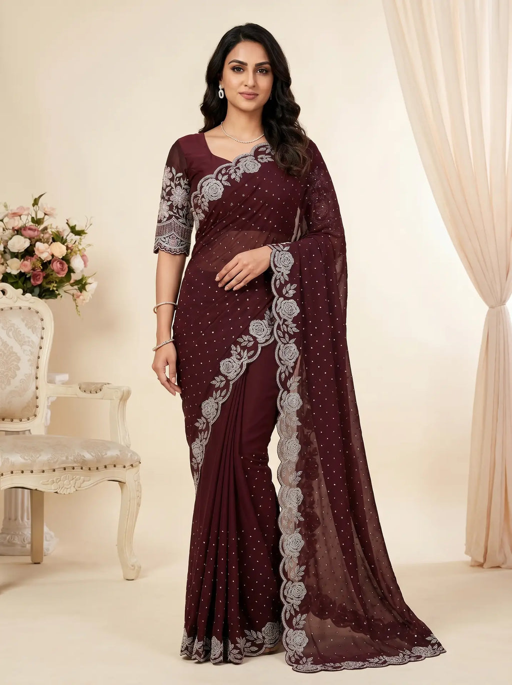 Deep Brown Floral Embellished Scallop Border Saree