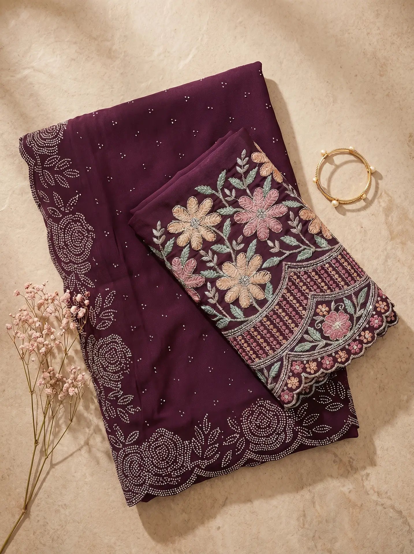 Deep Wine Floral Embellished Scallop Border Saree