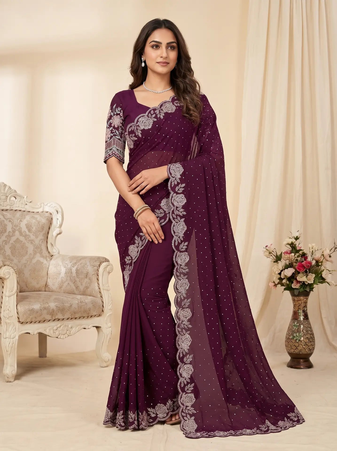 Deep Wine Floral Embellished Scallop Border Saree