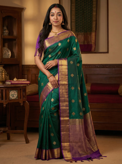 Bottle Green Diamond Butta Soft Silk Saree
