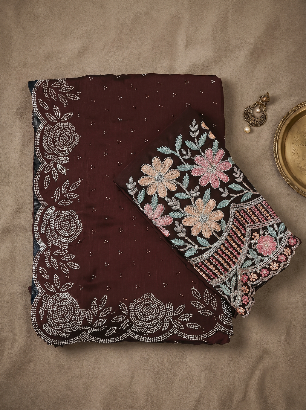 Deep Brown Floral Embellished Scallop Border Saree